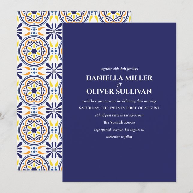 Spanish Navy Yellow Tile Mediterranean wedding Invitation (Front/Back)
