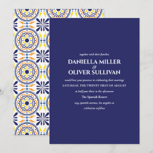 Spanish Navy Yellow Tile Mediterranean wedding Invitation