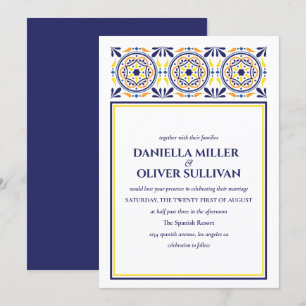 Spanish Navy Yellow Tile Mediterranean wedding Invitation