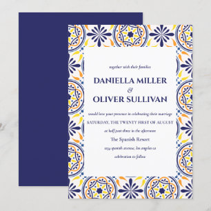 Spanish Navy Yellow Tile Mediterranean wedding Invitation