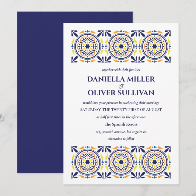 Spanish Navy Yellow Tile Mediterranean wedding Invitation (Front/Back)