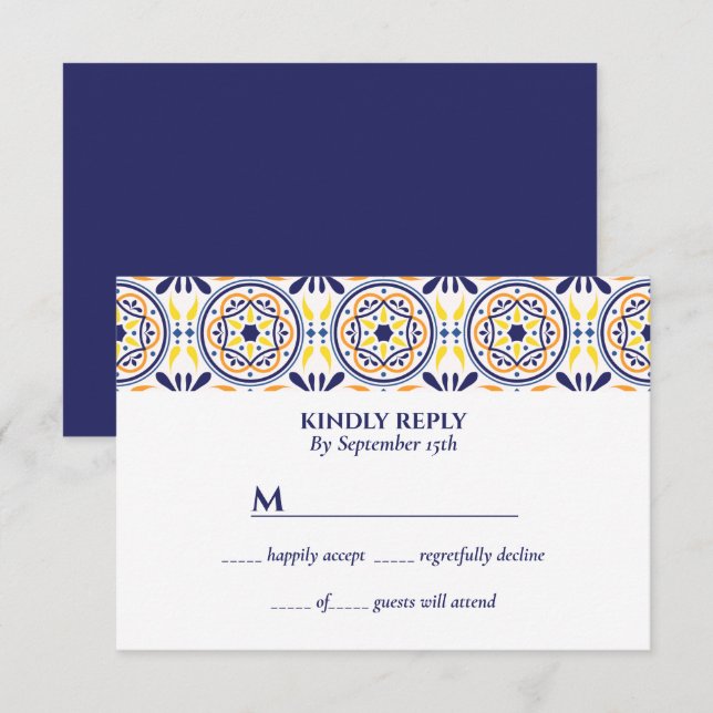 Spanish Navy Yellow Tile Mediterranean wedding Invitation (Front/Back)