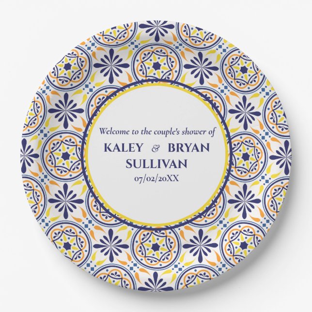 Spanish Navy Yellow Tile mediterranean wedding V1 Paper Plate (Front)