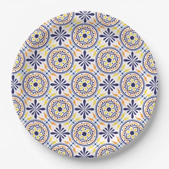 Spanish Navy Yellow Tile mediterranean wedding V2 Paper Plate (Front)