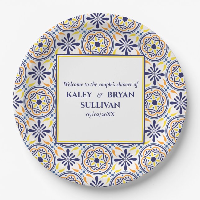 Spanish Navy Yellow Tile mediterranean wedding V3 Paper Plate (Front)