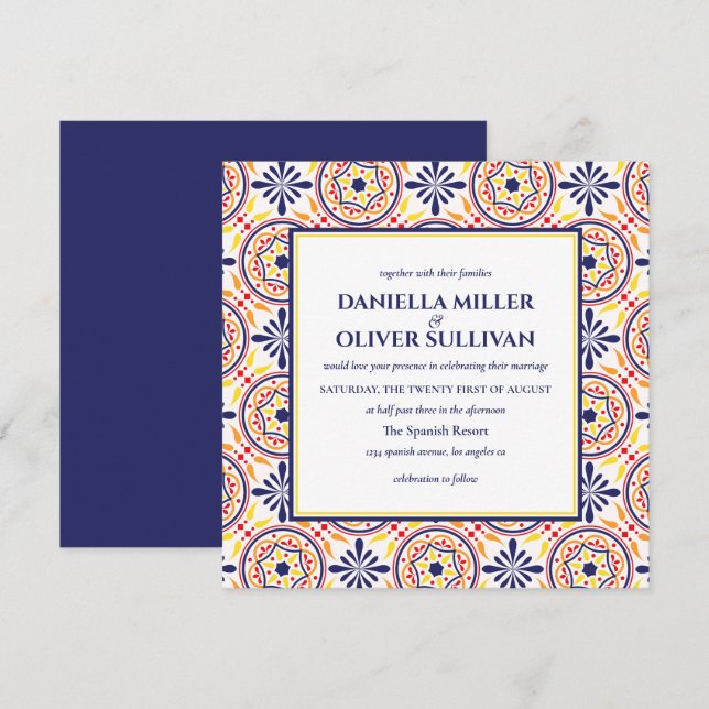 Spanish Navy Yellow Tile Mediterranean wedding v8 Invitation (Front/Back)