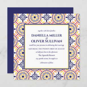 Spanish Navy Yellow Tile Mediterranean wedding VB Invitation