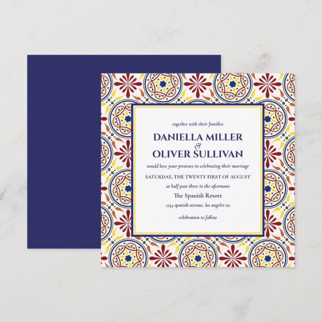 Spanish Navy Yellow Tile Mediterranean wedding VD Invitation (Front/Back)