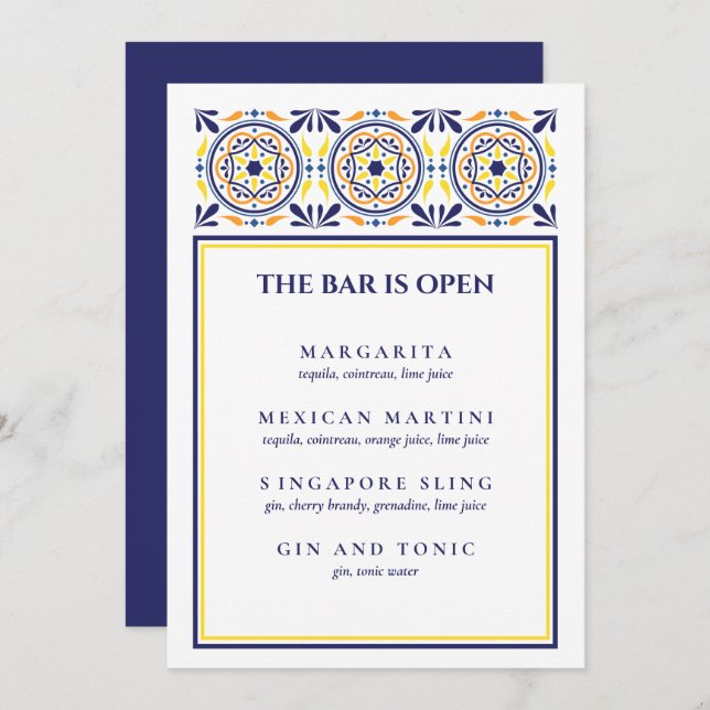 Spanish Navy Yellow Tile Signature Cocktail Invitation (Front/Back)