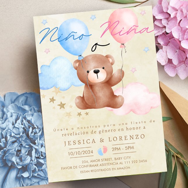 Spanish Nino o Nina Bear Balloon Gender Reveal  Invitation (Spanish Nino o Nina Bear Balloon Gender Reveal Invitation)