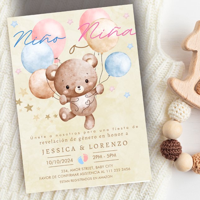 Spanish Nino o Nina Bear Balloon Gender Reveal  Invitation (Spanish Nino o Nina Bear Balloon Gender Reveal Invitation)
