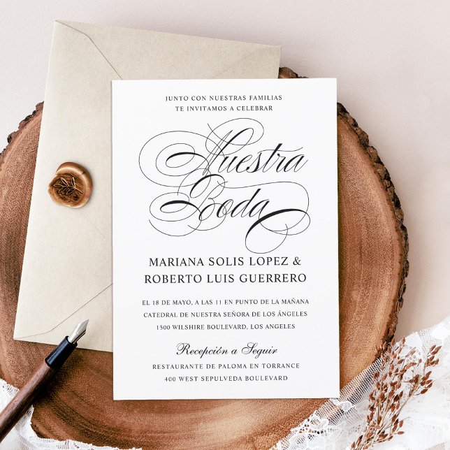 Spanish Nuestra Boda Blanco y Negro Caligrafía Invitation (Creator Uploaded)