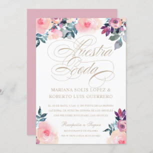 Spanish Nuestra Boda flores pintadas rosada morada Invitation