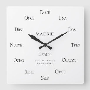Spanish Numbers Personalised Place and Time Zone Square Wall Clock