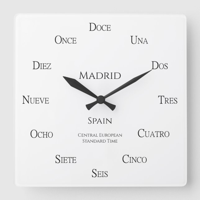 Spanish Numbers Personalised Place and Time Zone Square Wall Clock (Front)