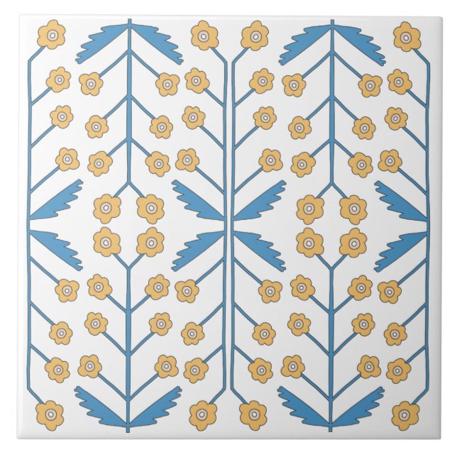 Spanish Orange Blue Pink Floral Mediterranean Tile (Front)