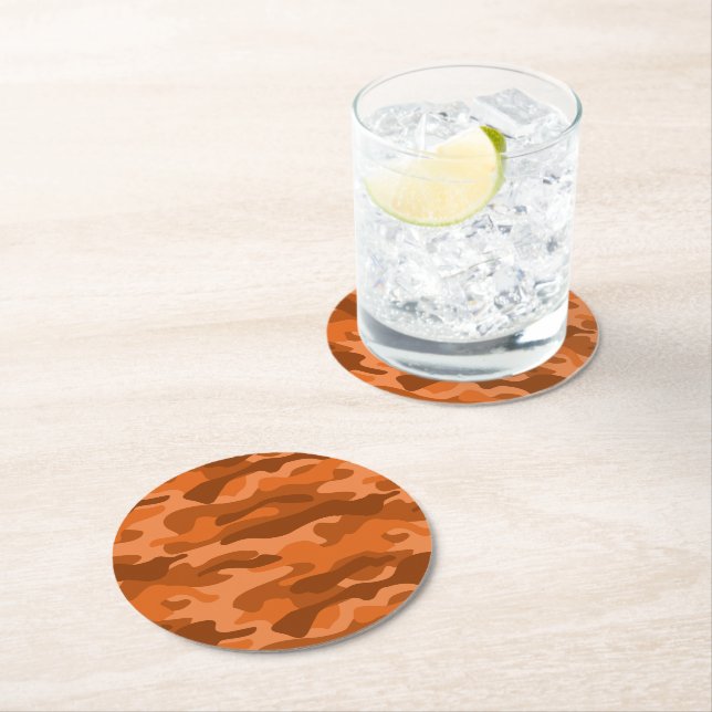 Spanish Orange Monocolor Camo Round Paper Coaster (Insitu)
