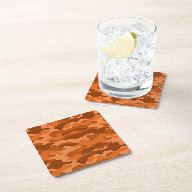Spanish Orange Monocolor Camo Square Paper Coaster (Insitu)