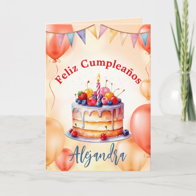Spanish Orange Pink Large Cake Balloons Birthday Card (Front)
