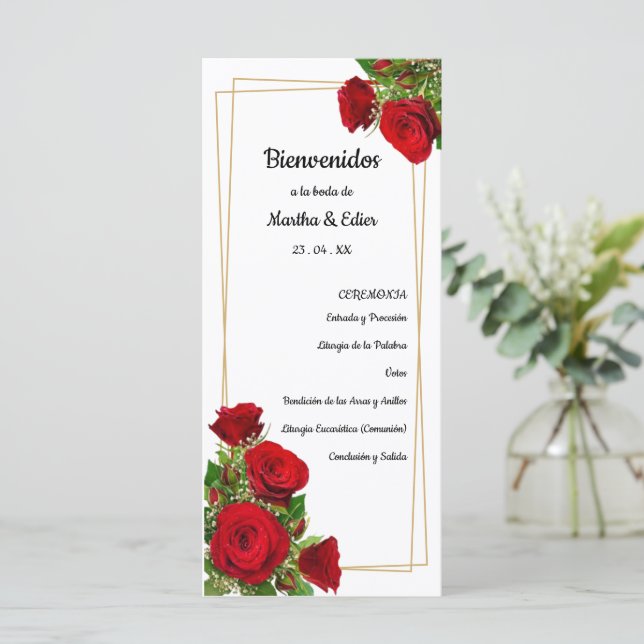 Spanish Order of Service Booklet Red Roses  (Standing Front)