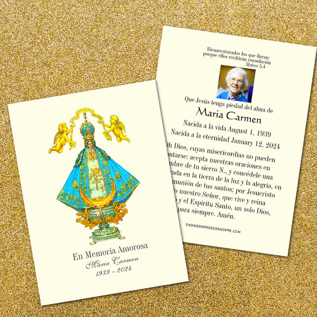 Spanish Our Lady of San Juan Funeral Memorial Holy (Easy to personalize Our Lady of San Juan de los Lagos funeral prayer cards)