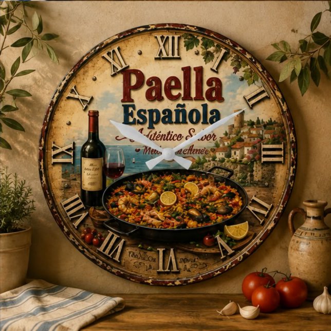 Spanish Paella Rustic Mediterranean Kitchen  Large Clock (Creator Uploaded)