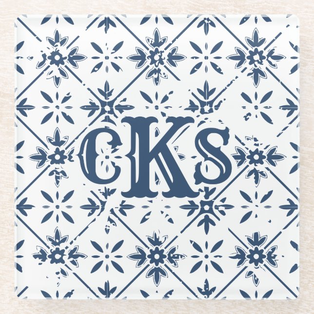 Spanish Pattern Distressed Tile |  Glass Coaster (Front)