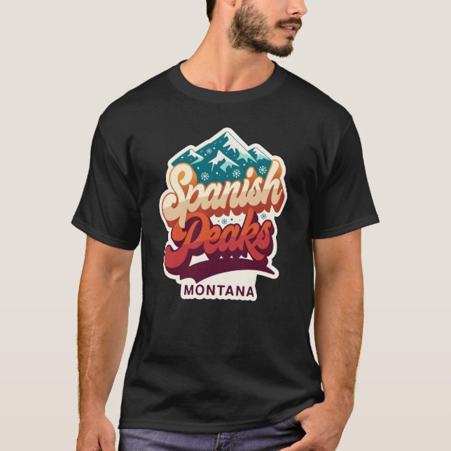 Spanish Peaks Montana Retro 70s Black T-Shirt | Vi (Front)