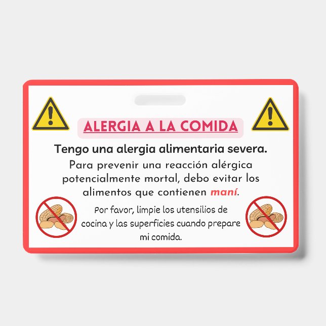 Spanish Peanut Allergy Alert Chef Card  ID Badge (Front)