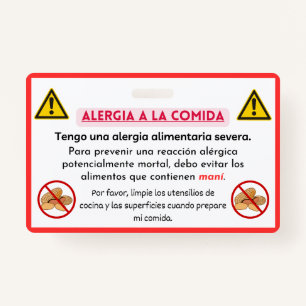 Spanish Peanut Allergy Alert Chef Card  ID Badge
