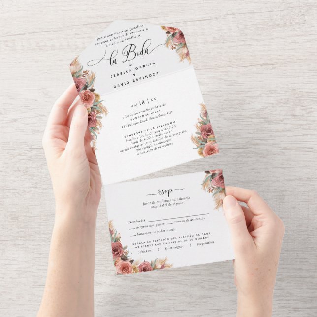 Spanish, Photo, Pampas Grass Wedding Tear Off RSVP All In One Invitation (Tearaway)