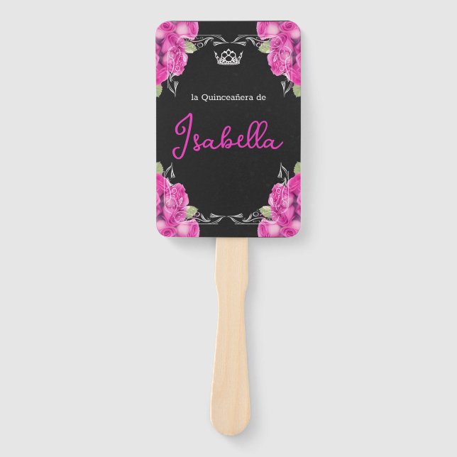 SPANISH PINK & BLACK QUINCEAÑERA - ELEGANT ROSES HAND FAN (Front)