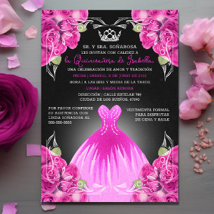 SPANISH PINK & BLACK QUINCEAÑERA - ELEGANT ROSES INVITATION