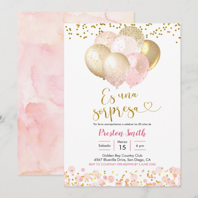 Spanish Pink Blush Balloon Sorpresa Invitation (Front/Back)