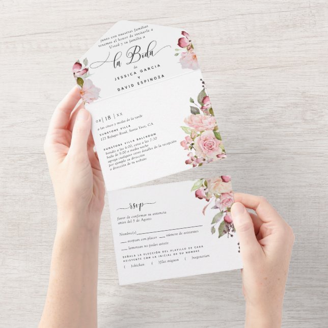 Spanish, Pink Blush Burgundy Wedding Tear Off RSVP All In One Invitation (Tearaway)