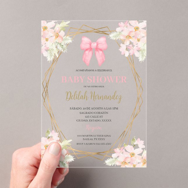 Spanish pink blush floral baby shower acrilic acrylic invitations (Insitu (Handheld))