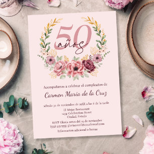 Spanish Pink Elegant Floral 50th Birthday Party Invitation