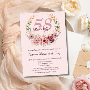 Spanish Pink Elegant Floral 58th Birthday Party Invitation