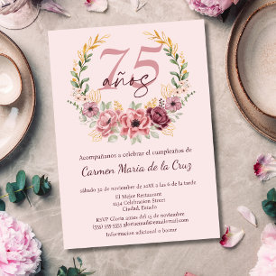 Spanish Pink Elegant Floral 75th Birthday Party Invitation