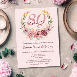 Spanish Pink Elegant Floral 80th Birthday Party Invitation<br><div class="desc">Celebrate her 80th birthday in timeless style with this elegant Spanish invitation, featuring a beautiful palette of pink, burgundy, and gold. The design showcases a soft blush pink background, adorned with a circular floral frame of delicate pink, mauve, and burgundy blooms, accented with golden details and lush greenery. At the...</div>