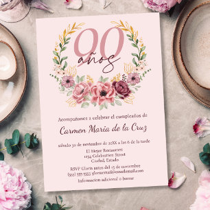 Spanish Pink Elegant Floral 90th Birthday Party Invitation