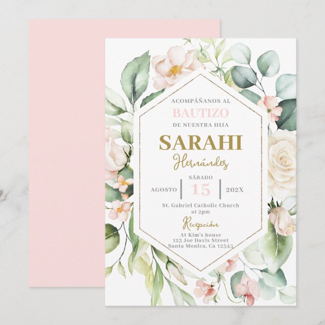 Spanish Pink Floral Baptism girl invitation (Front/Back)