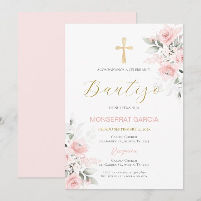 Spanish Pink Floral Baptism Girl Invitation (Front/Back)