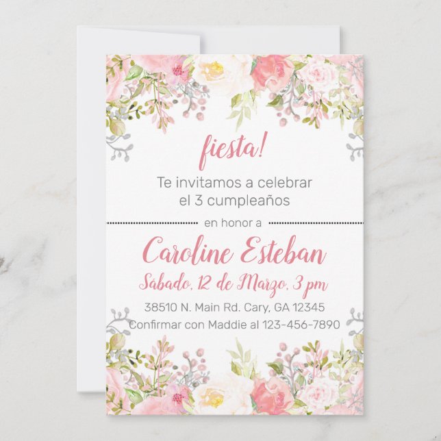 Spanish pink floral flowers roses birthday invite. invitation (Front)