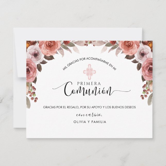 Spanish Pink Floral Girl First Communion Thank You (Front)