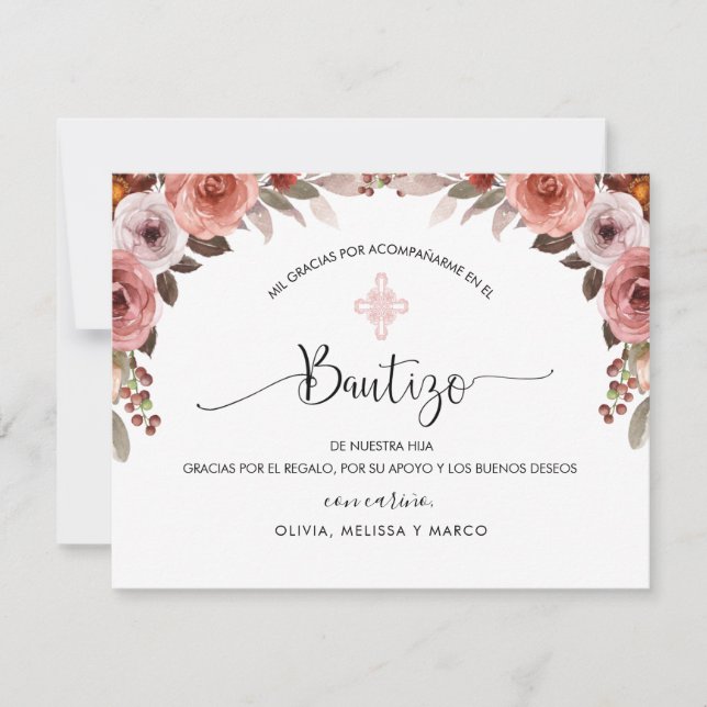 Spanish Pink Floral Girl's Baptism Thank You (Front)