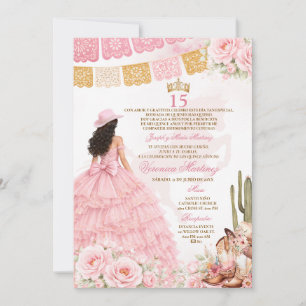 Spanish Pink Floral Princess Dress Sweet 15 Años Invitation