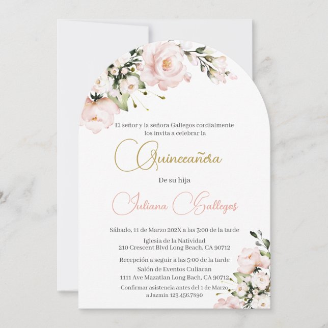 Spanish Pink Floral Quinceanera invitation (Front)