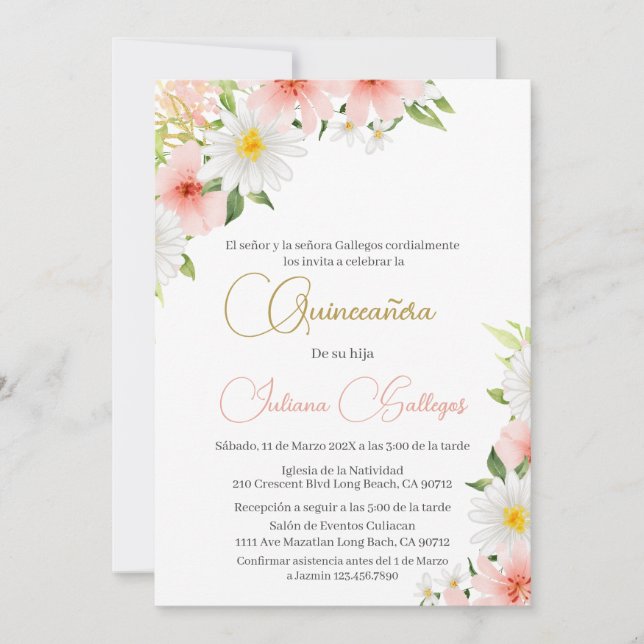 Spanish Pink Floral Quinceanera invitation (Front)