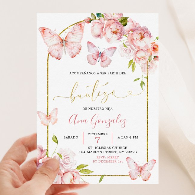 Spanish Pink Peony Floral Butterfly Girl Bautizo Invitation (Creator Uploaded)